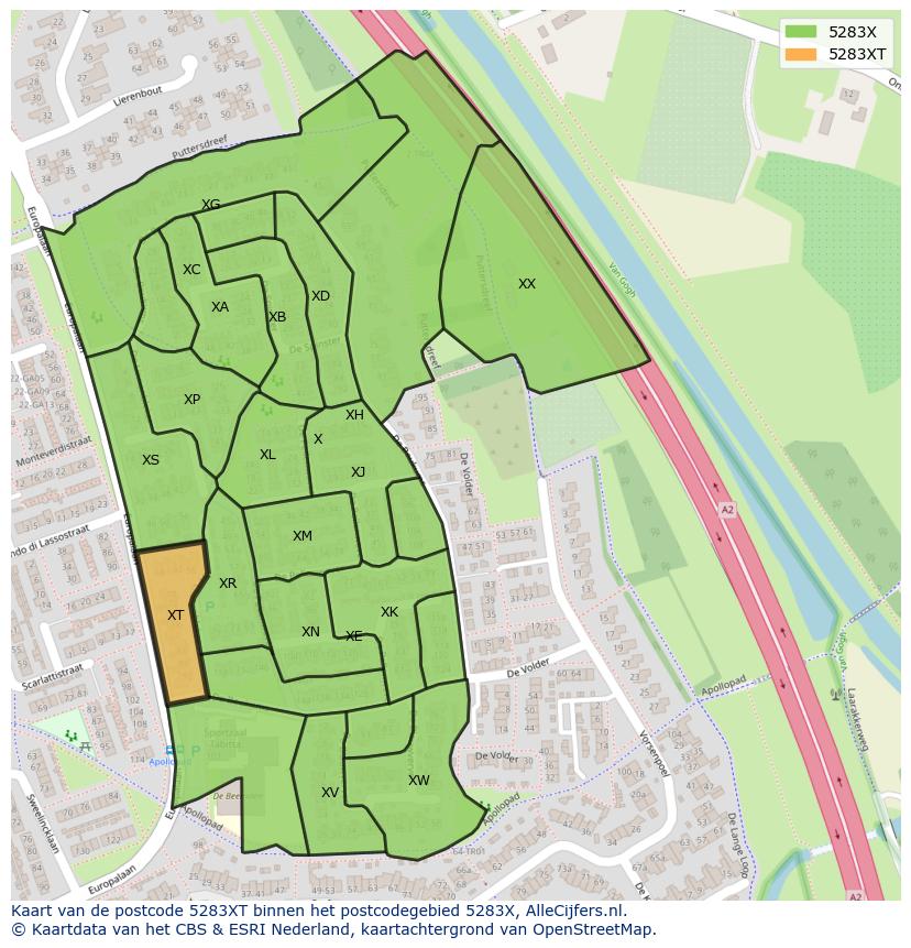 Afbeelding van het postcodegebied 5283 XT op de kaart.