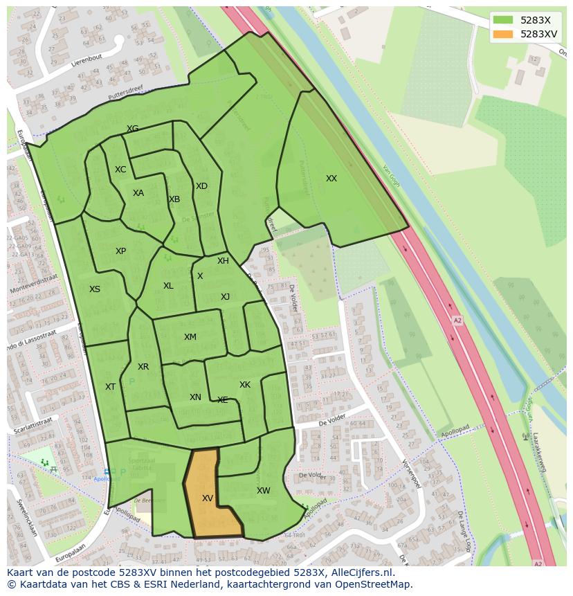 Afbeelding van het postcodegebied 5283 XV op de kaart.