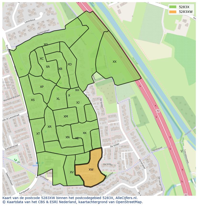Afbeelding van het postcodegebied 5283 XW op de kaart.