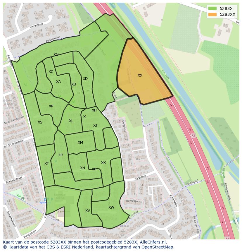 Afbeelding van het postcodegebied 5283 XX op de kaart.