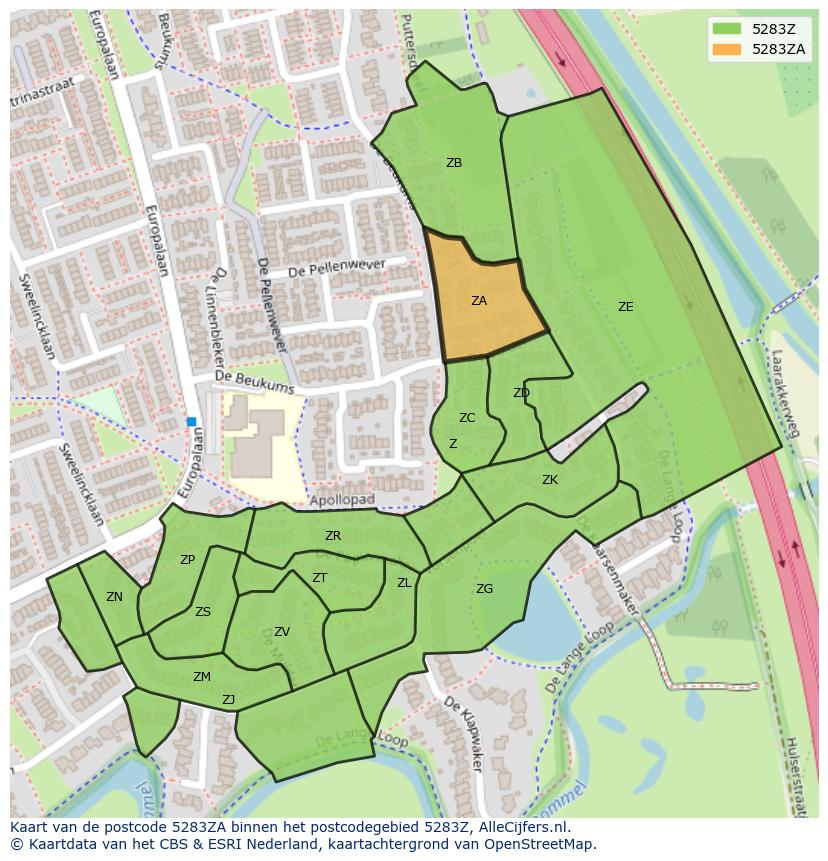 Afbeelding van het postcodegebied 5283 ZA op de kaart.