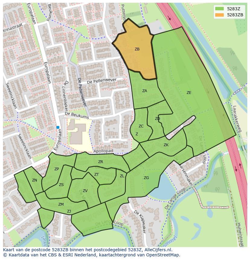 Afbeelding van het postcodegebied 5283 ZB op de kaart.