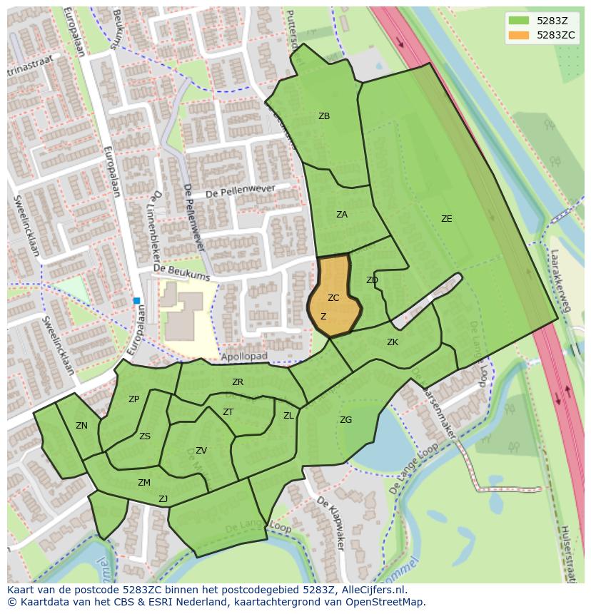 Afbeelding van het postcodegebied 5283 ZC op de kaart.