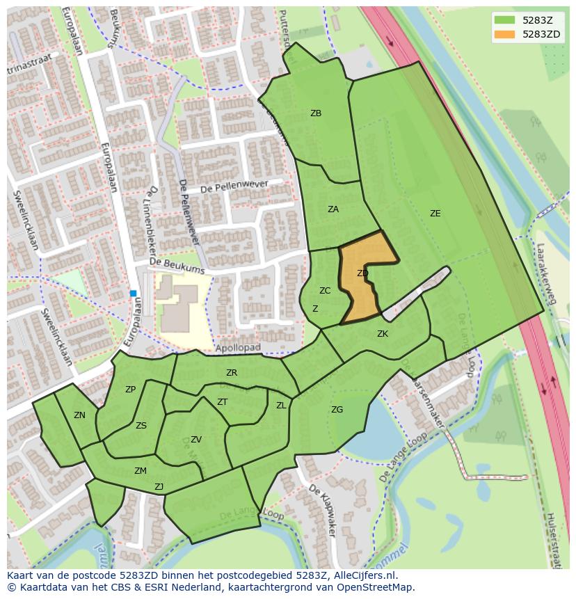 Afbeelding van het postcodegebied 5283 ZD op de kaart.