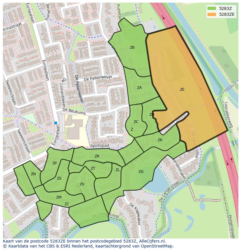 Afbeelding van het postcodegebied 5283 ZE op de kaart.