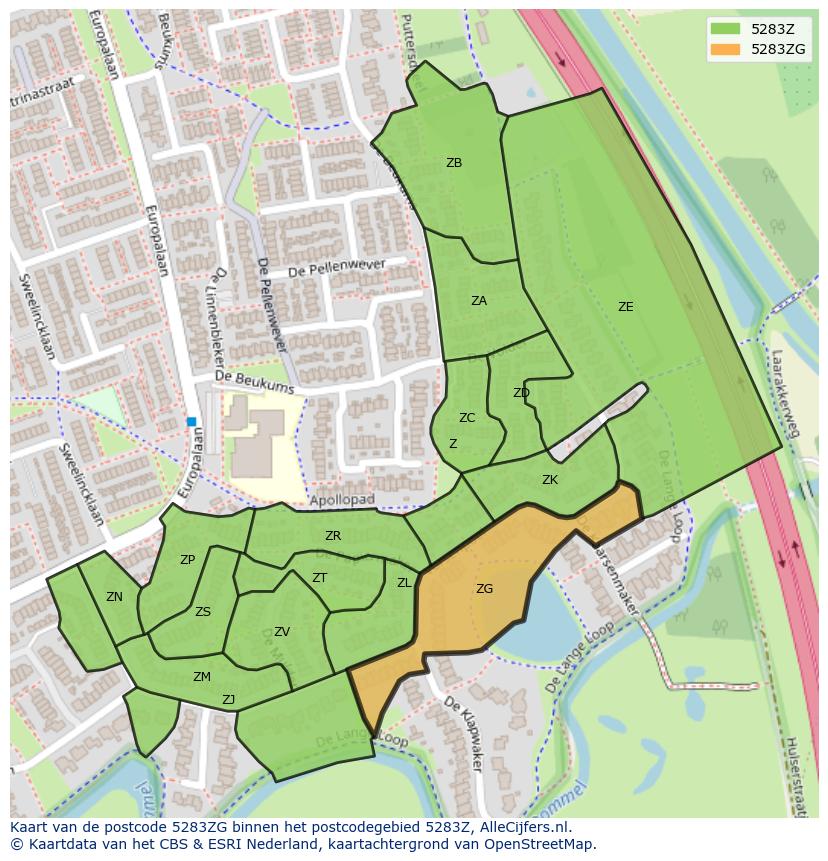 Afbeelding van het postcodegebied 5283 ZG op de kaart.