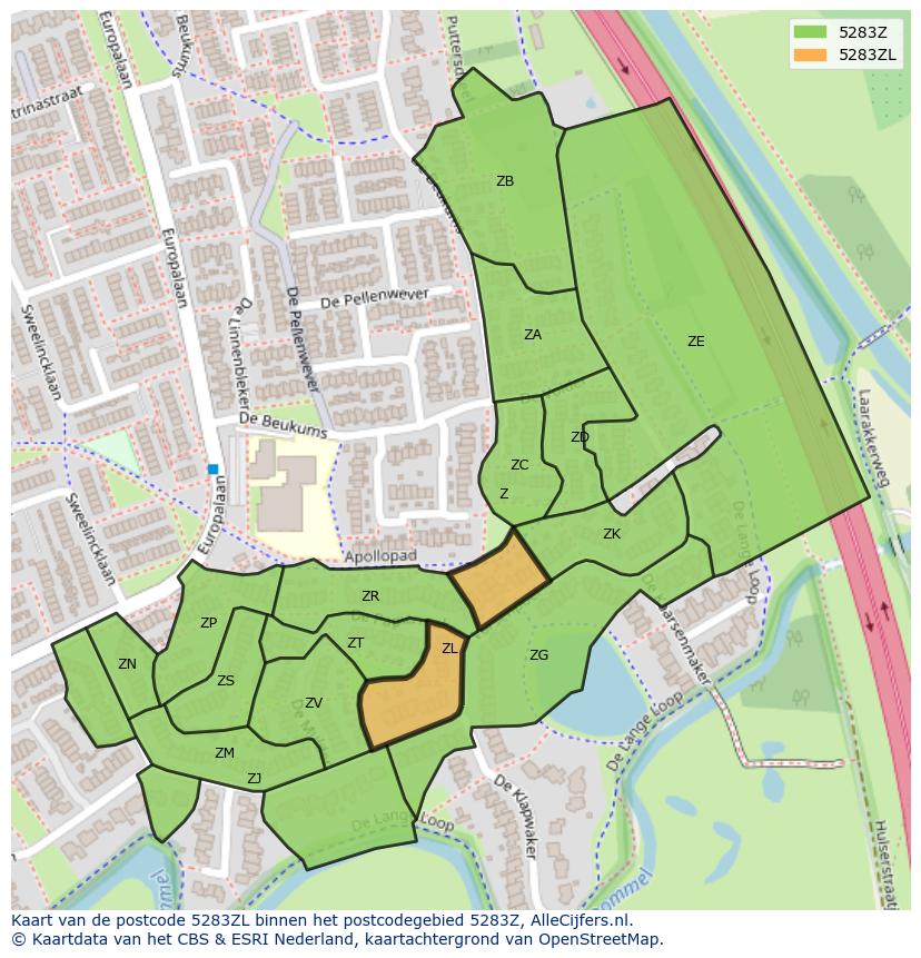 Afbeelding van het postcodegebied 5283 ZL op de kaart.