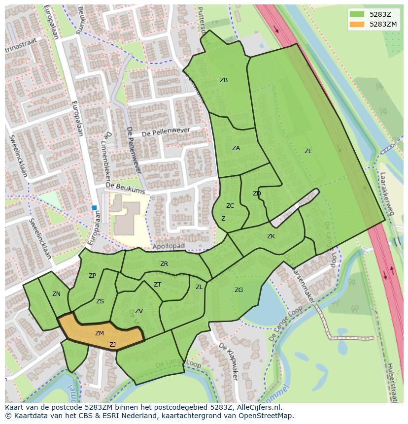Afbeelding van het postcodegebied 5283 ZM op de kaart.