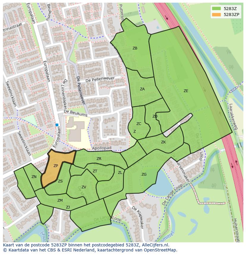 Afbeelding van het postcodegebied 5283 ZP op de kaart.