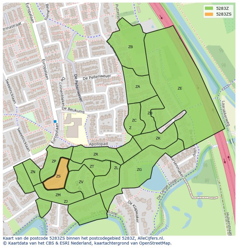 Afbeelding van het postcodegebied 5283 ZS op de kaart.