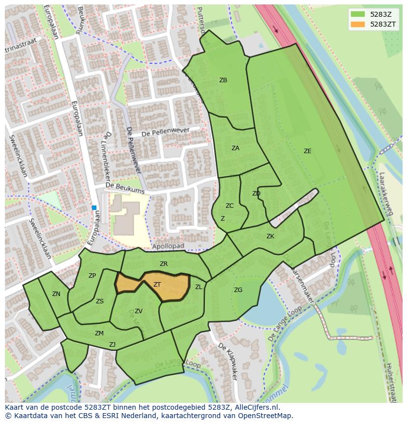 Afbeelding van het postcodegebied 5283 ZT op de kaart.