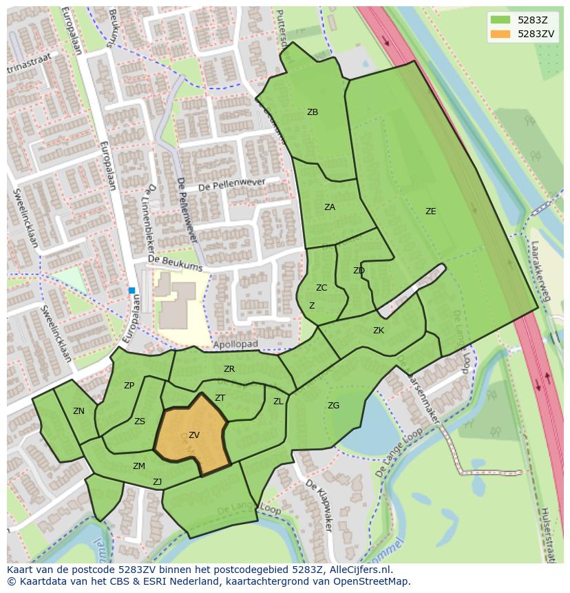 Afbeelding van het postcodegebied 5283 ZV op de kaart.