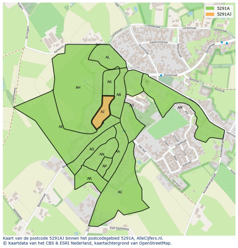 Afbeelding van het postcodegebied 5291 AJ op de kaart.