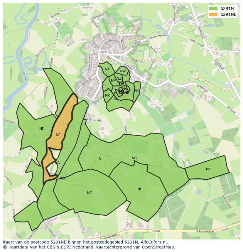 Afbeelding van het postcodegebied 5291 NE op de kaart.