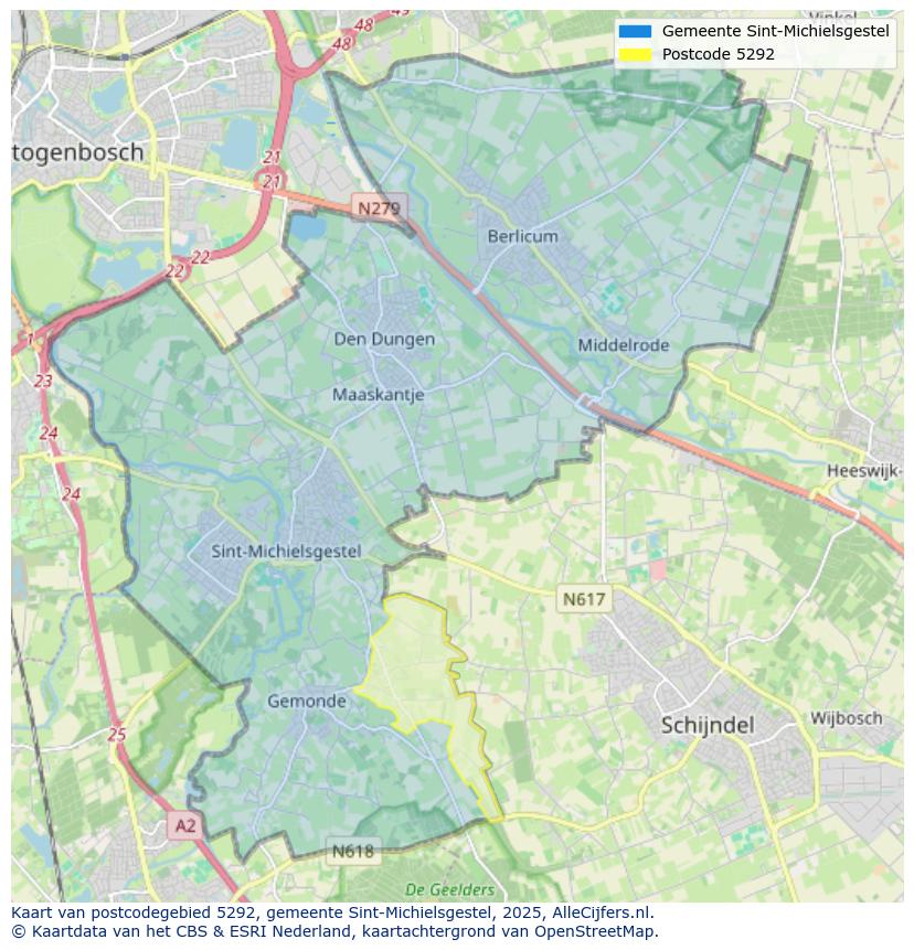 Afbeelding van het postcodegebied 5292 op de kaart.
