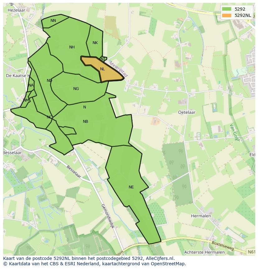 Afbeelding van het postcodegebied 5292 NL op de kaart.
