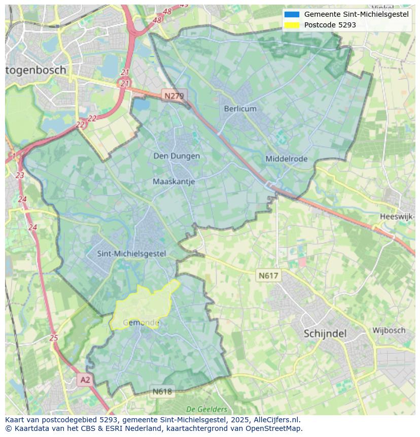 Afbeelding van het postcodegebied 5293 op de kaart.