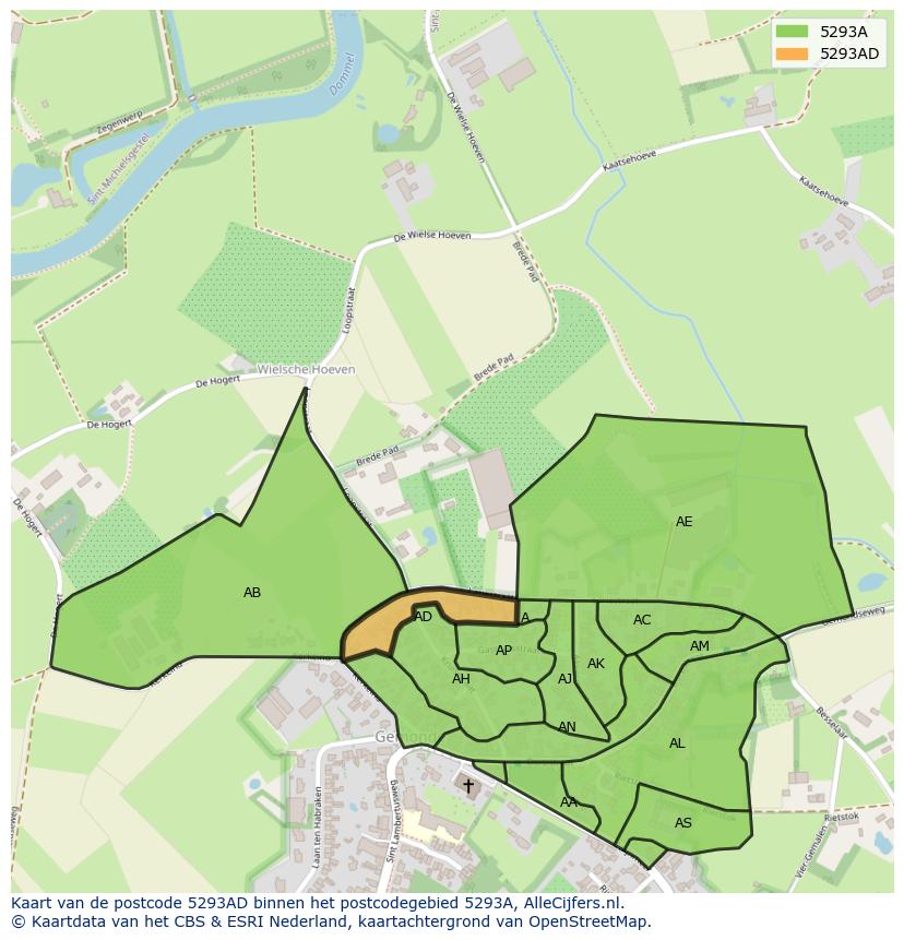 Afbeelding van het postcodegebied 5293 AD op de kaart.