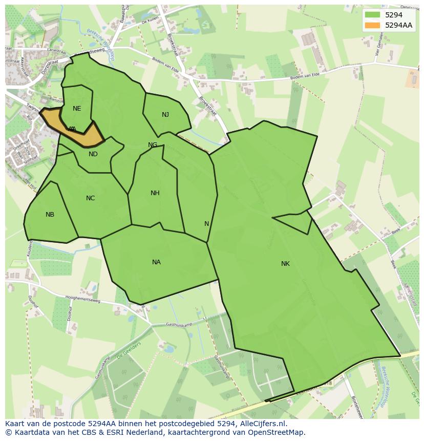 Afbeelding van het postcodegebied 5294 AA op de kaart.