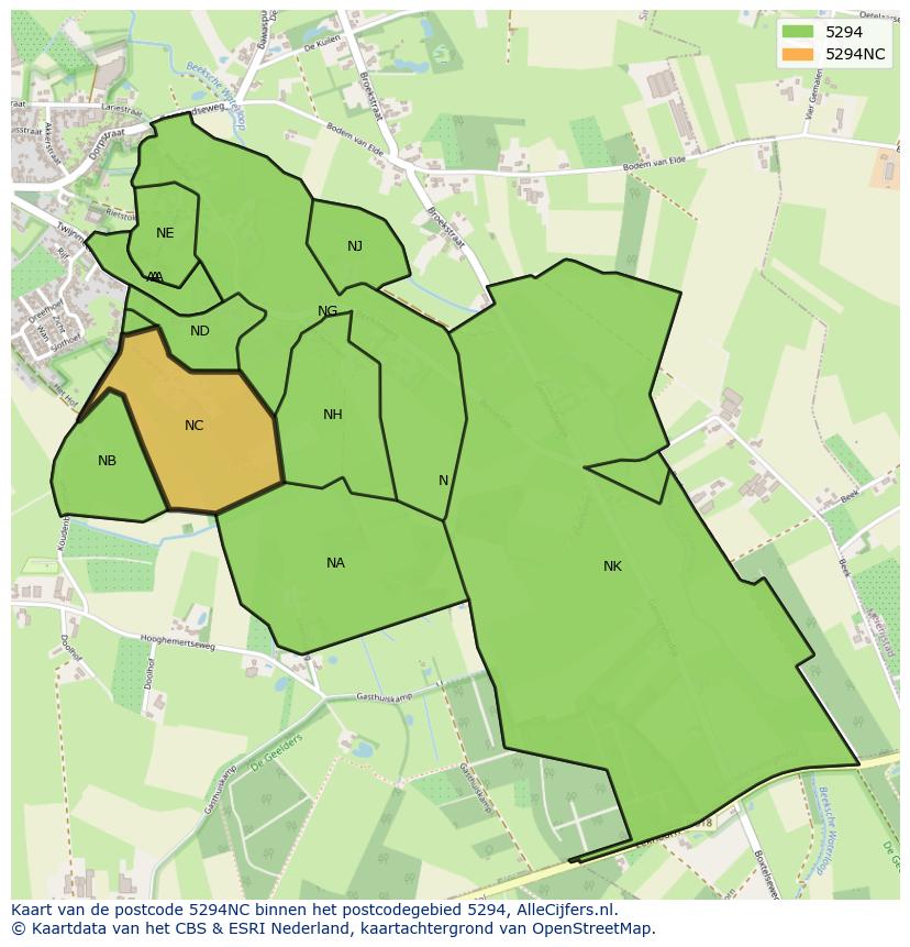 Afbeelding van het postcodegebied 5294 NC op de kaart.