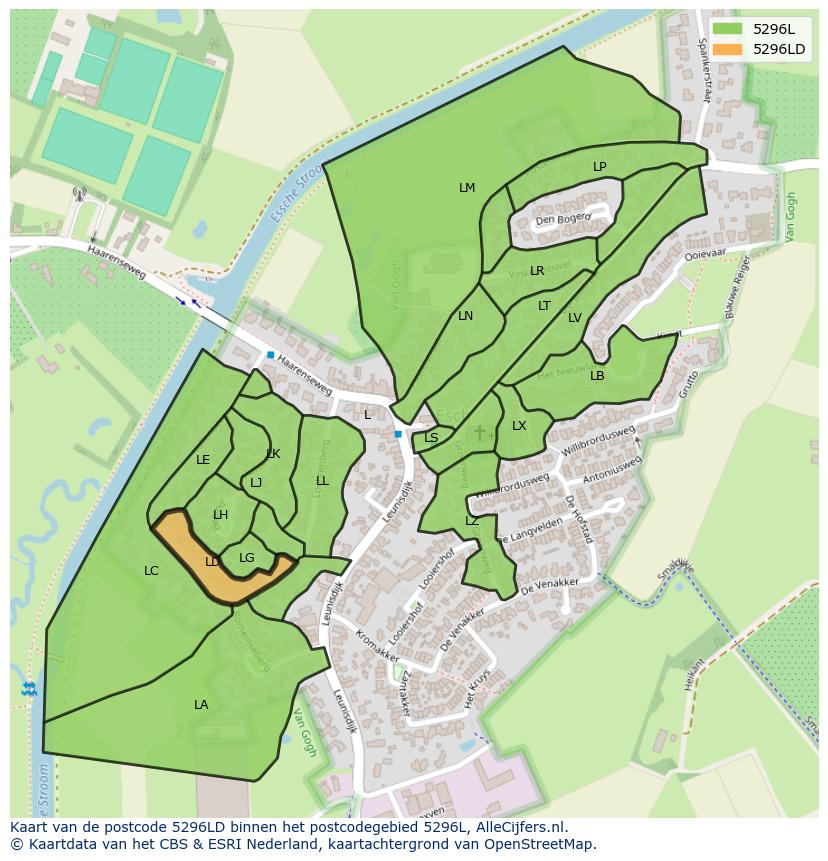 Afbeelding van het postcodegebied 5296 LD op de kaart.