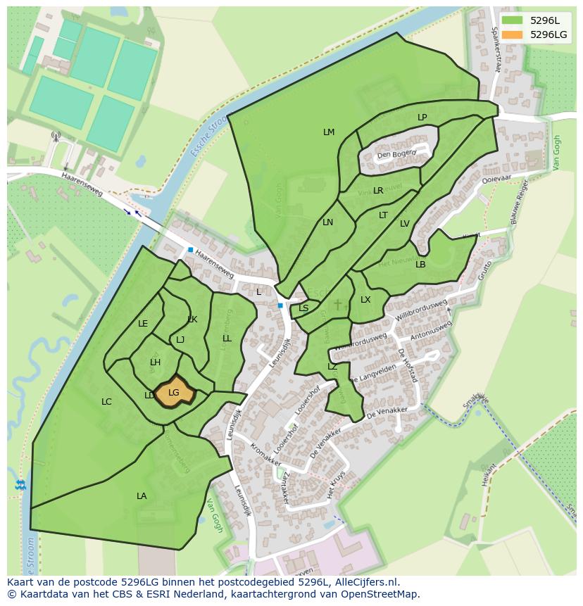 Afbeelding van het postcodegebied 5296 LG op de kaart.