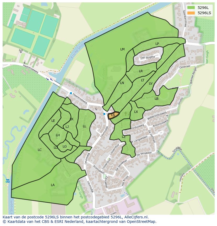 Afbeelding van het postcodegebied 5296 LS op de kaart.