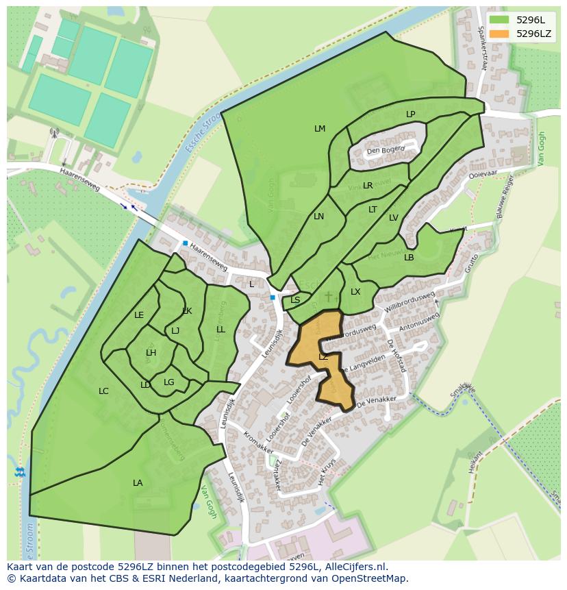 Afbeelding van het postcodegebied 5296 LZ op de kaart.