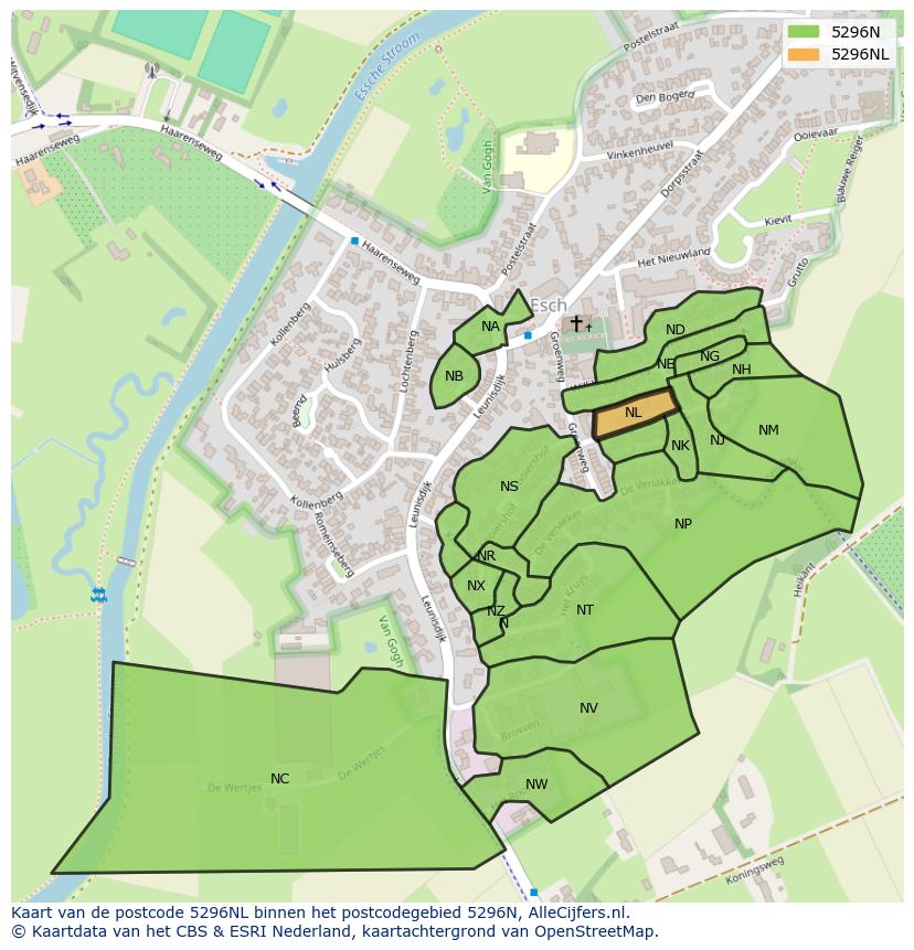 Afbeelding van het postcodegebied 5296 NL op de kaart.