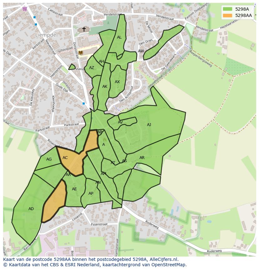 Afbeelding van het postcodegebied 5298 AA op de kaart.