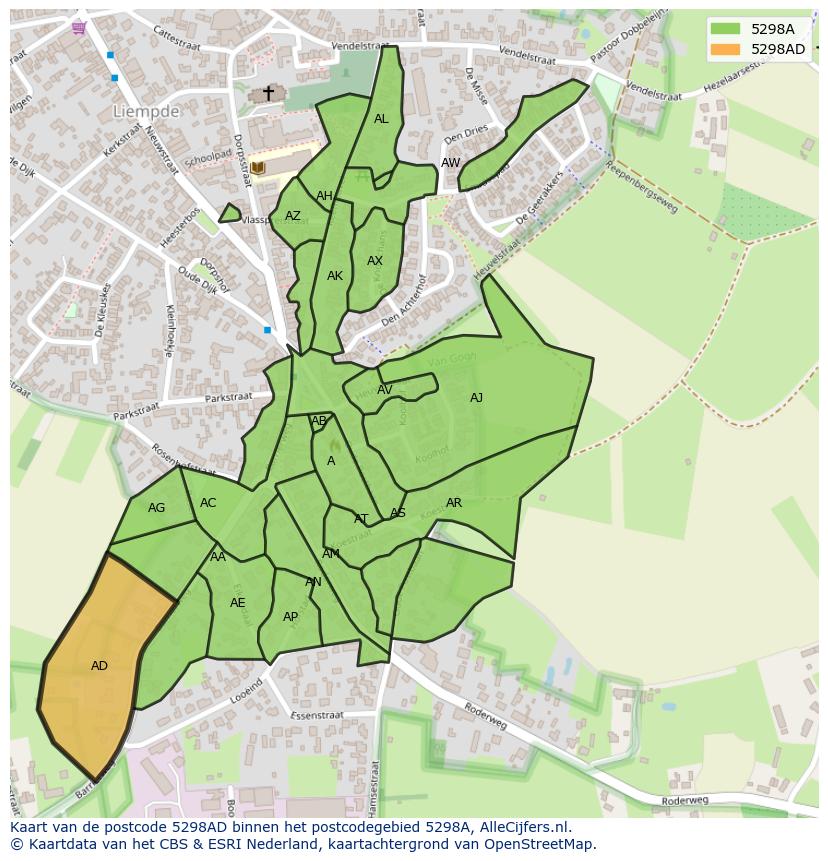 Afbeelding van het postcodegebied 5298 AD op de kaart.