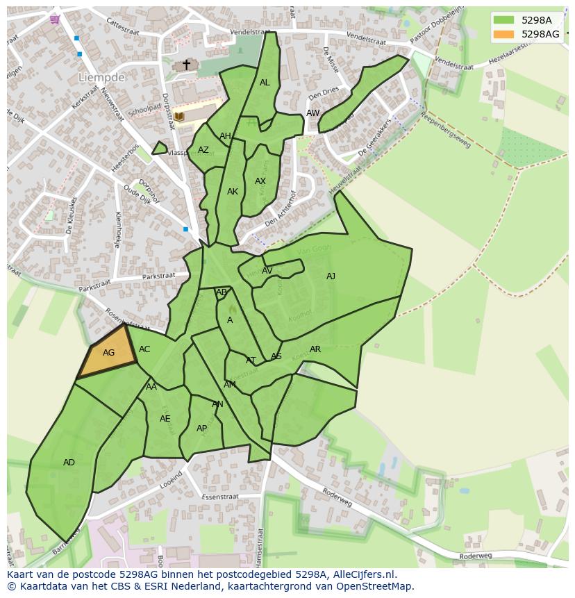 Afbeelding van het postcodegebied 5298 AG op de kaart.