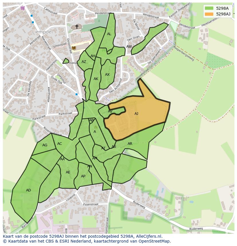 Afbeelding van het postcodegebied 5298 AJ op de kaart.