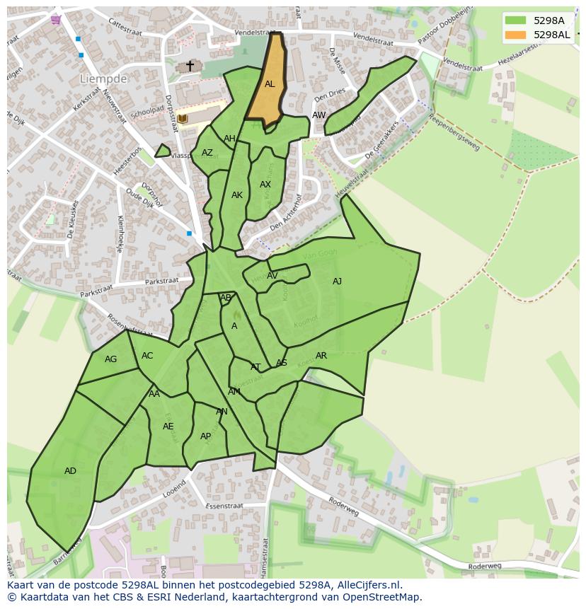 Afbeelding van het postcodegebied 5298 AL op de kaart.