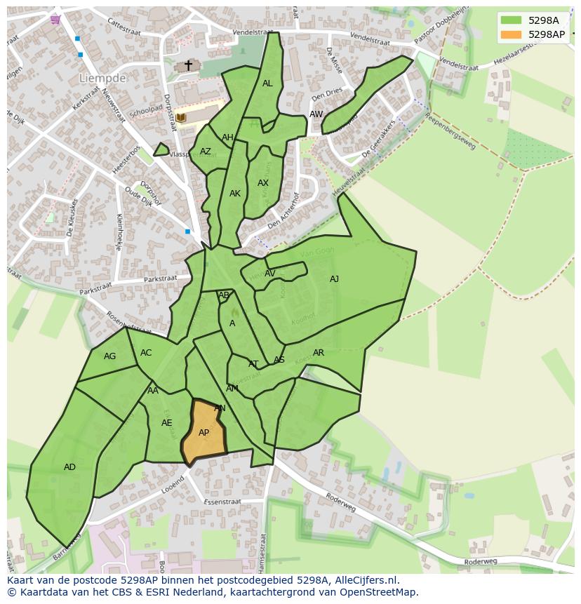 Afbeelding van het postcodegebied 5298 AP op de kaart.
