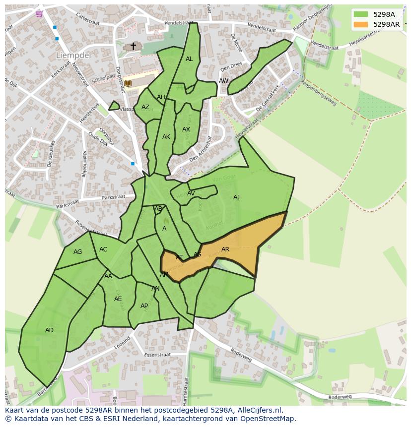 Afbeelding van het postcodegebied 5298 AR op de kaart.
