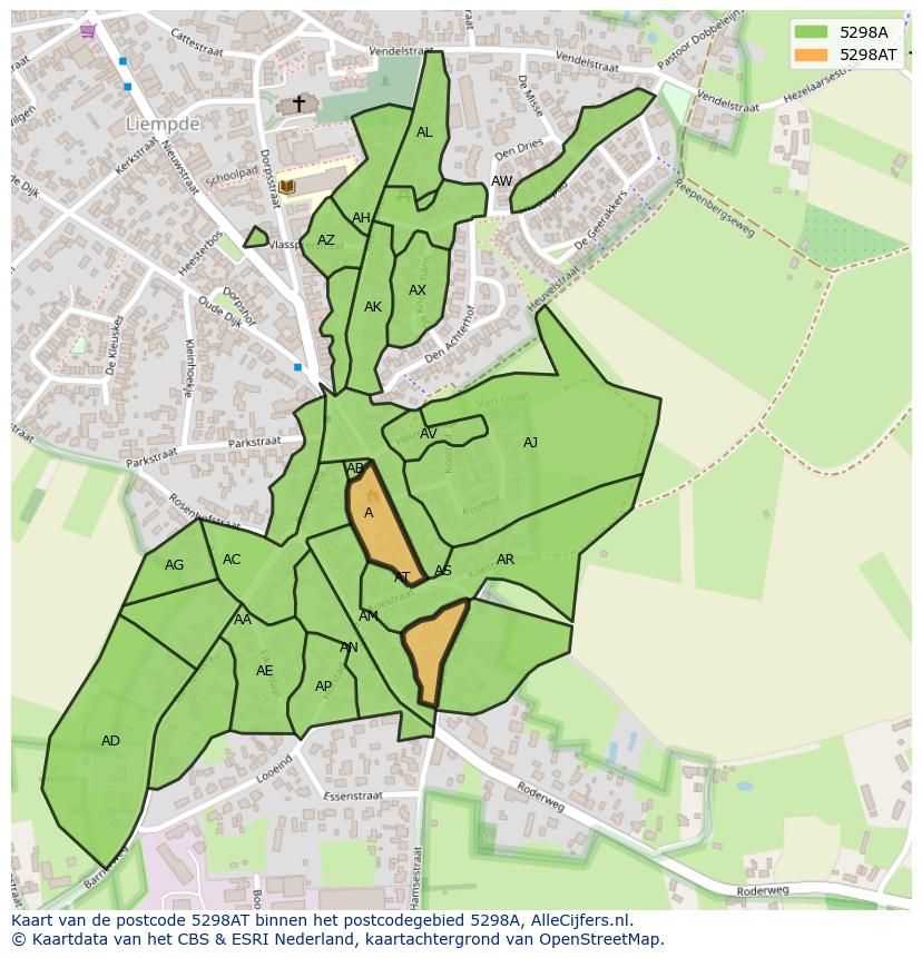 Afbeelding van het postcodegebied 5298 AT op de kaart.