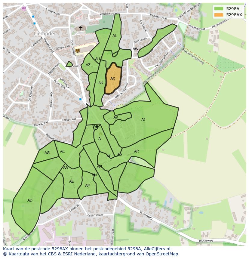 Afbeelding van het postcodegebied 5298 AX op de kaart.
