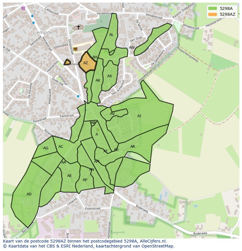Afbeelding van het postcodegebied 5298 AZ op de kaart.