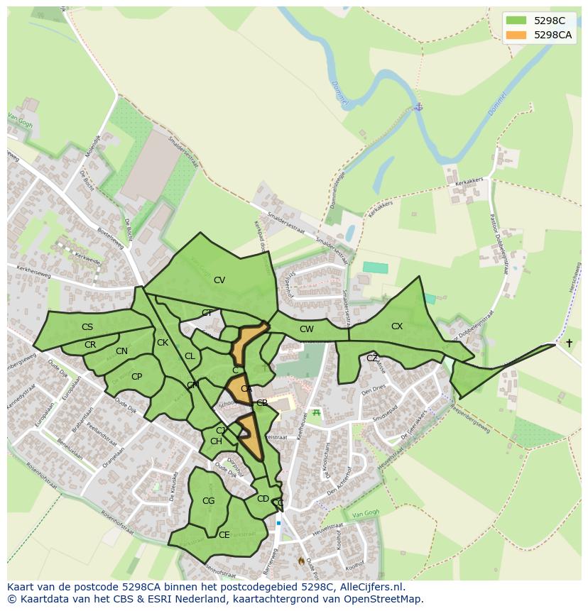 Afbeelding van het postcodegebied 5298 CA op de kaart.