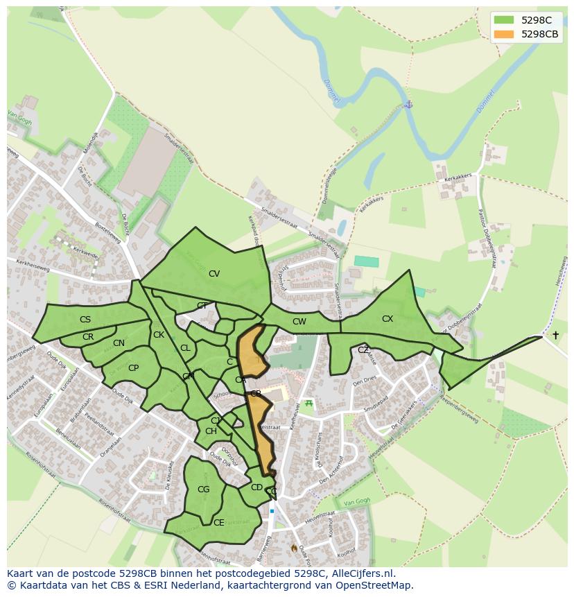 Afbeelding van het postcodegebied 5298 CB op de kaart.