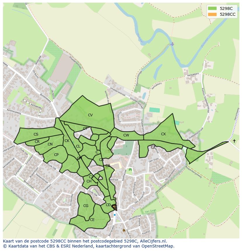 Afbeelding van het postcodegebied 5298 CC op de kaart.