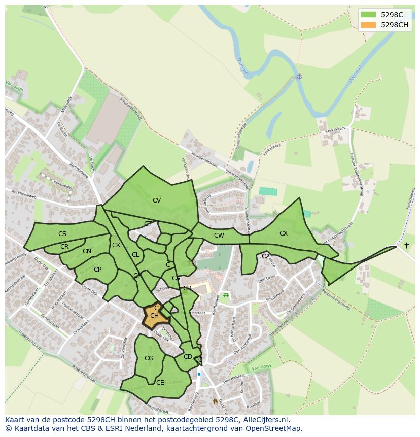 Afbeelding van het postcodegebied 5298 CH op de kaart.
