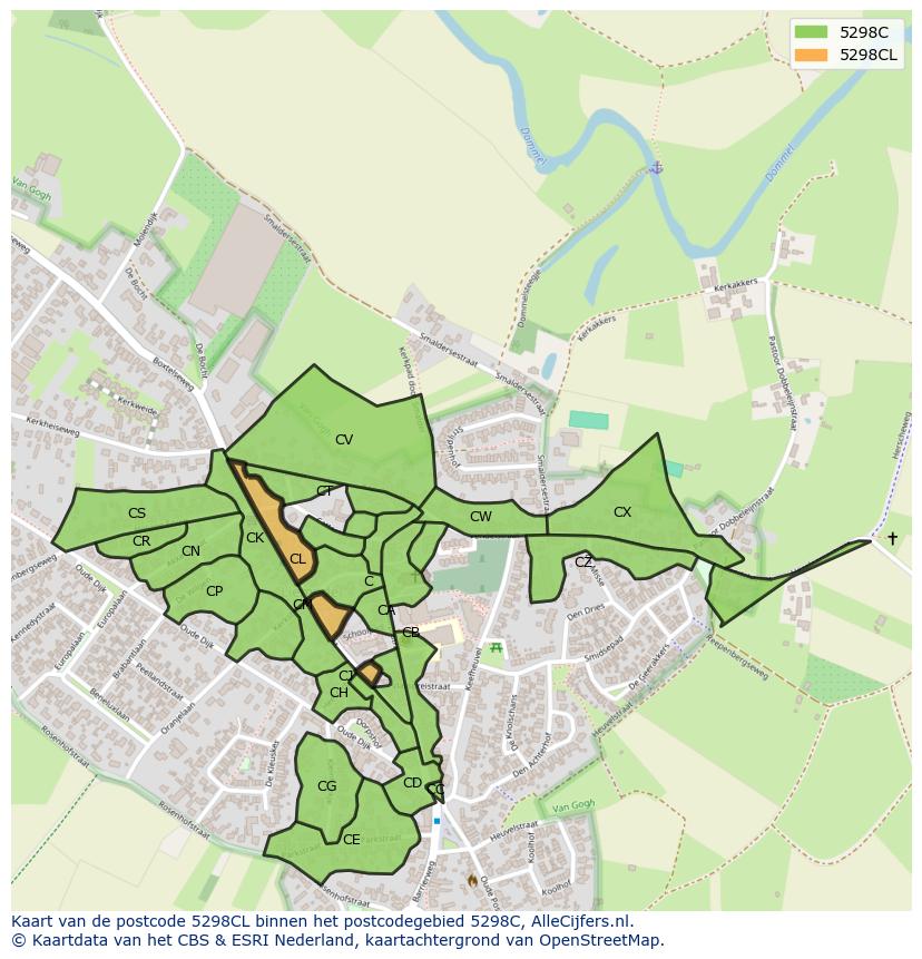 Afbeelding van het postcodegebied 5298 CL op de kaart.