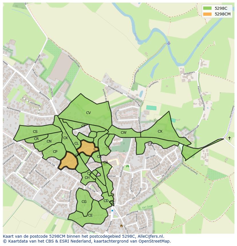 Afbeelding van het postcodegebied 5298 CM op de kaart.