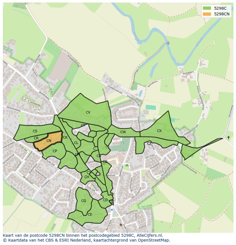 Afbeelding van het postcodegebied 5298 CN op de kaart.