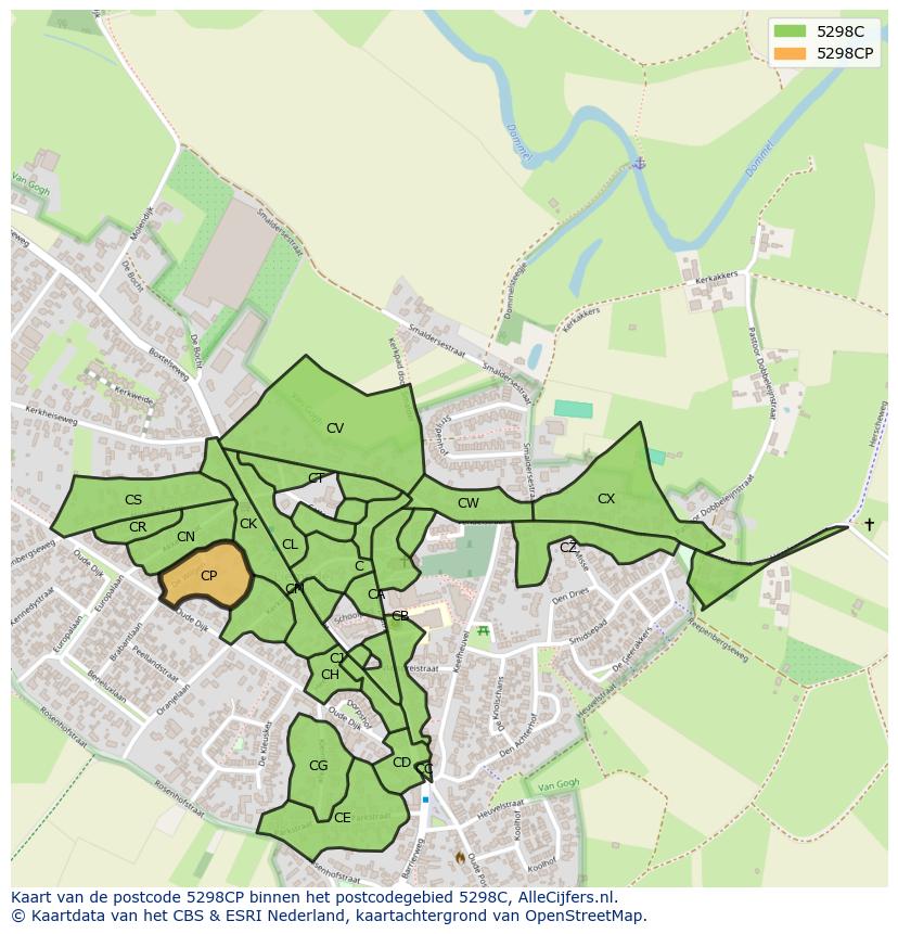 Afbeelding van het postcodegebied 5298 CP op de kaart.