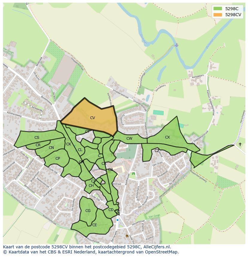 Afbeelding van het postcodegebied 5298 CV op de kaart.