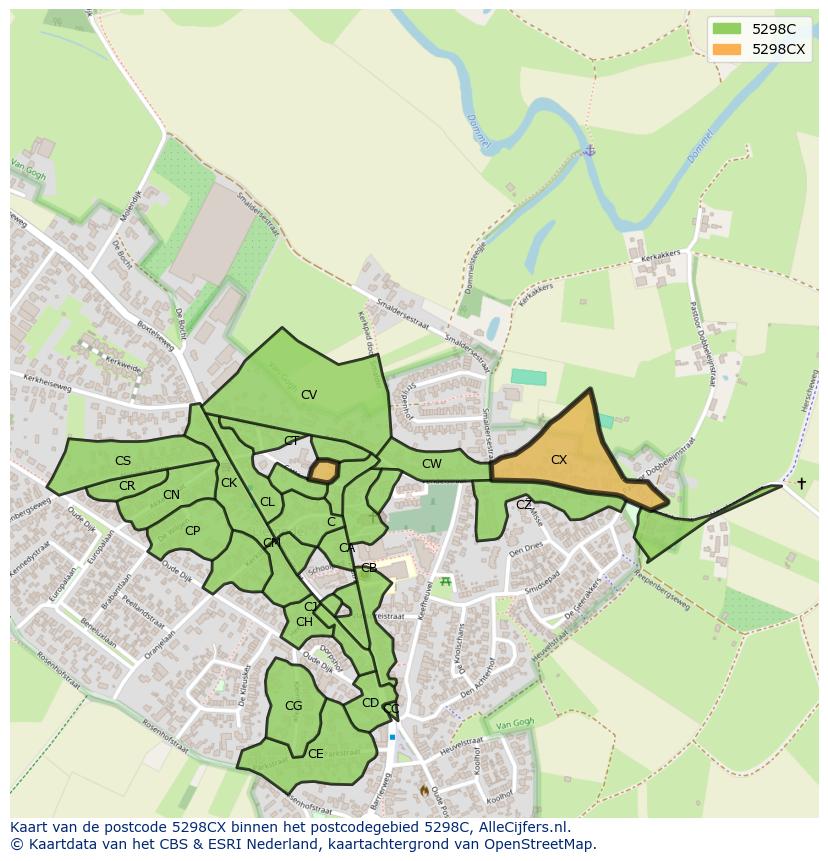 Afbeelding van het postcodegebied 5298 CX op de kaart.