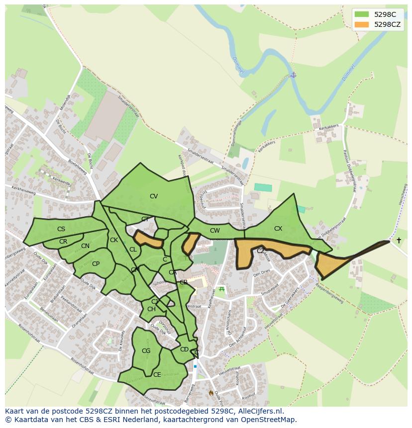 Afbeelding van het postcodegebied 5298 CZ op de kaart.